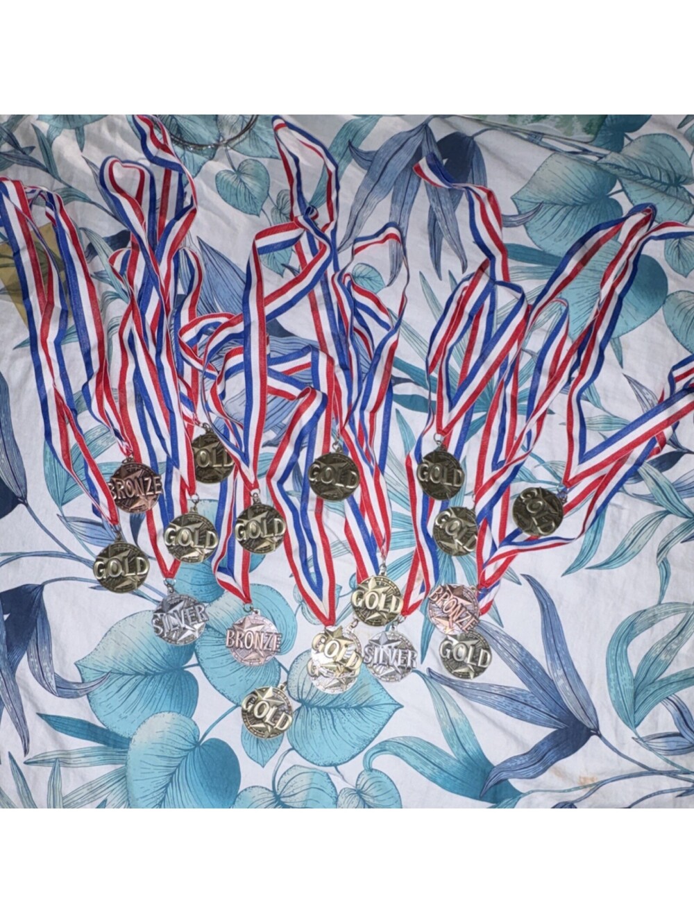 17 Gold Silver Bronze Medals with Red White Blue Ribbons Assorted Sports Awards